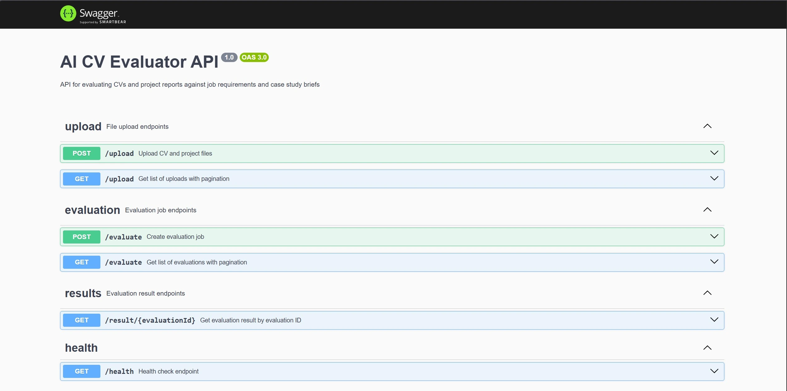 AI CV Evaluator API documentation homepage showing interactive Swagger interface.