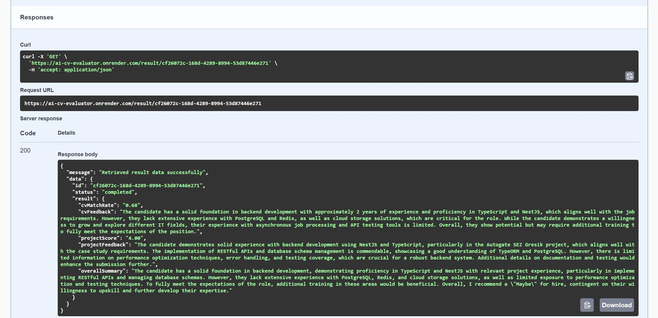 Evaluation results page displaying AI-generated CV analysis and scoring.