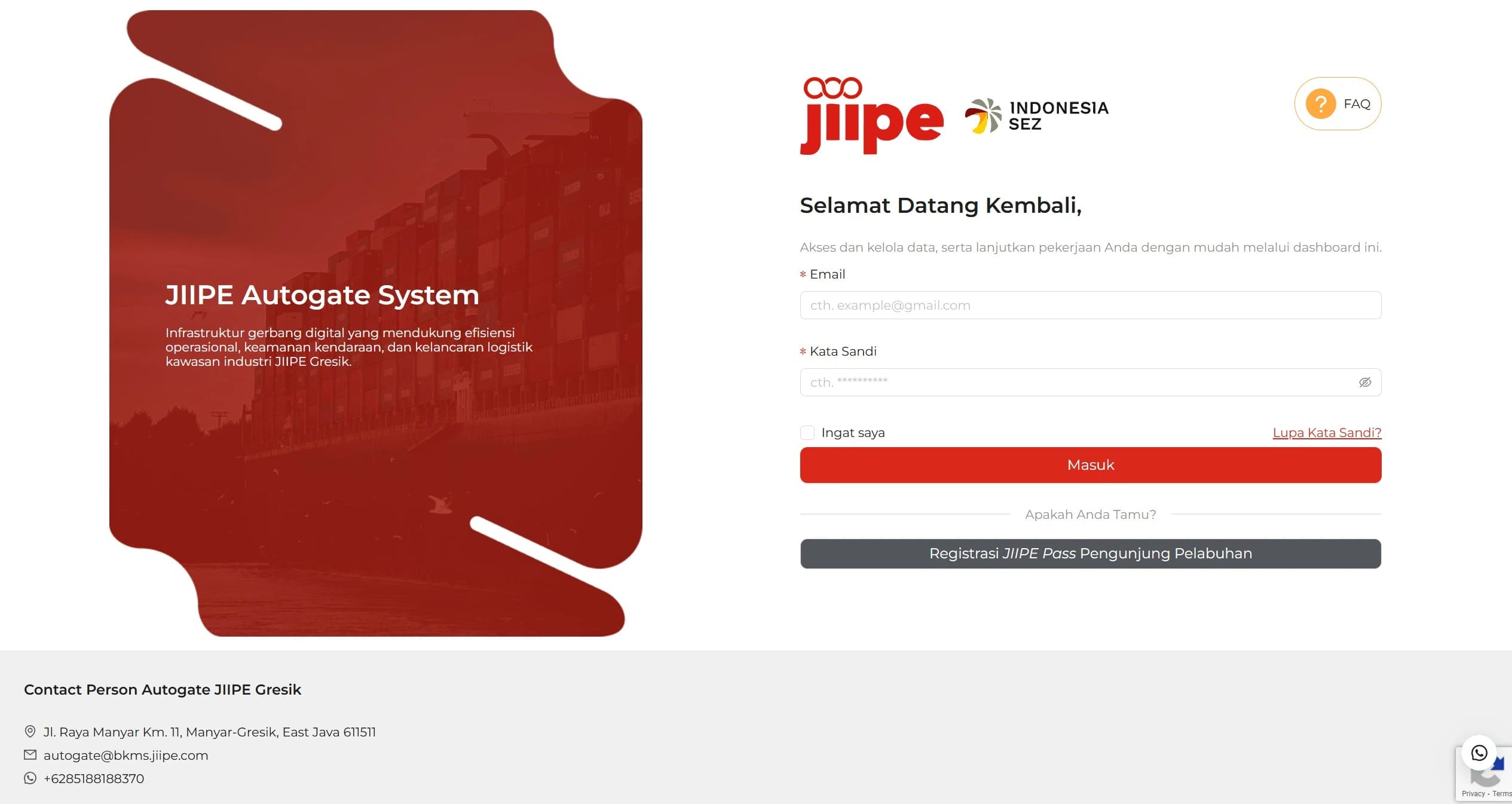 Autogate SEZ Gresik login screen for gate officers with credential inputs.
