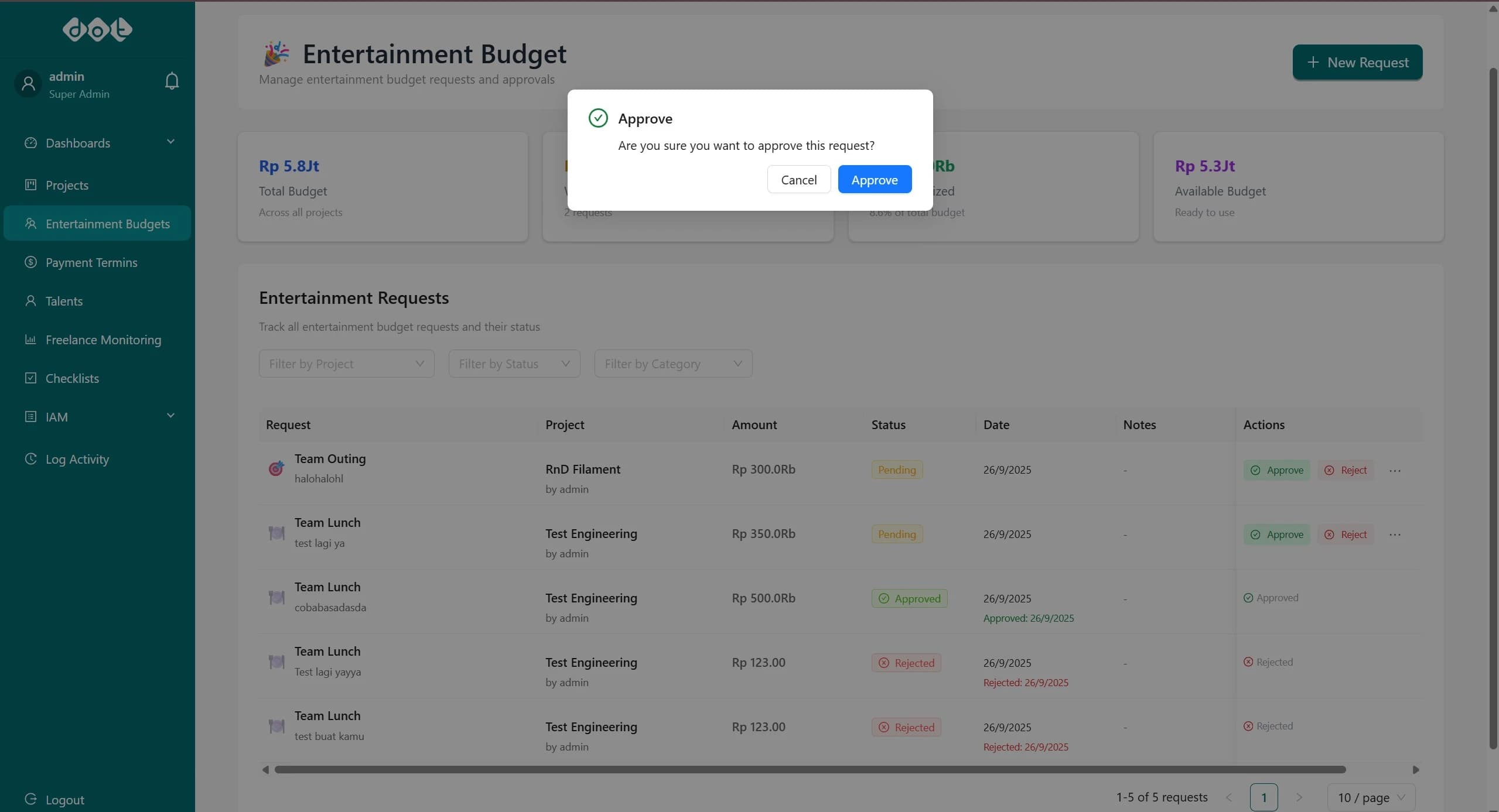 Modal to approve entertainment budget requests