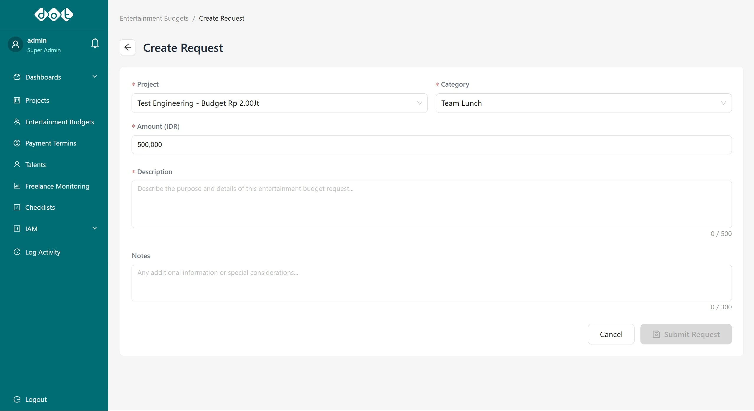 Interface for creating a new entertainment budget request.