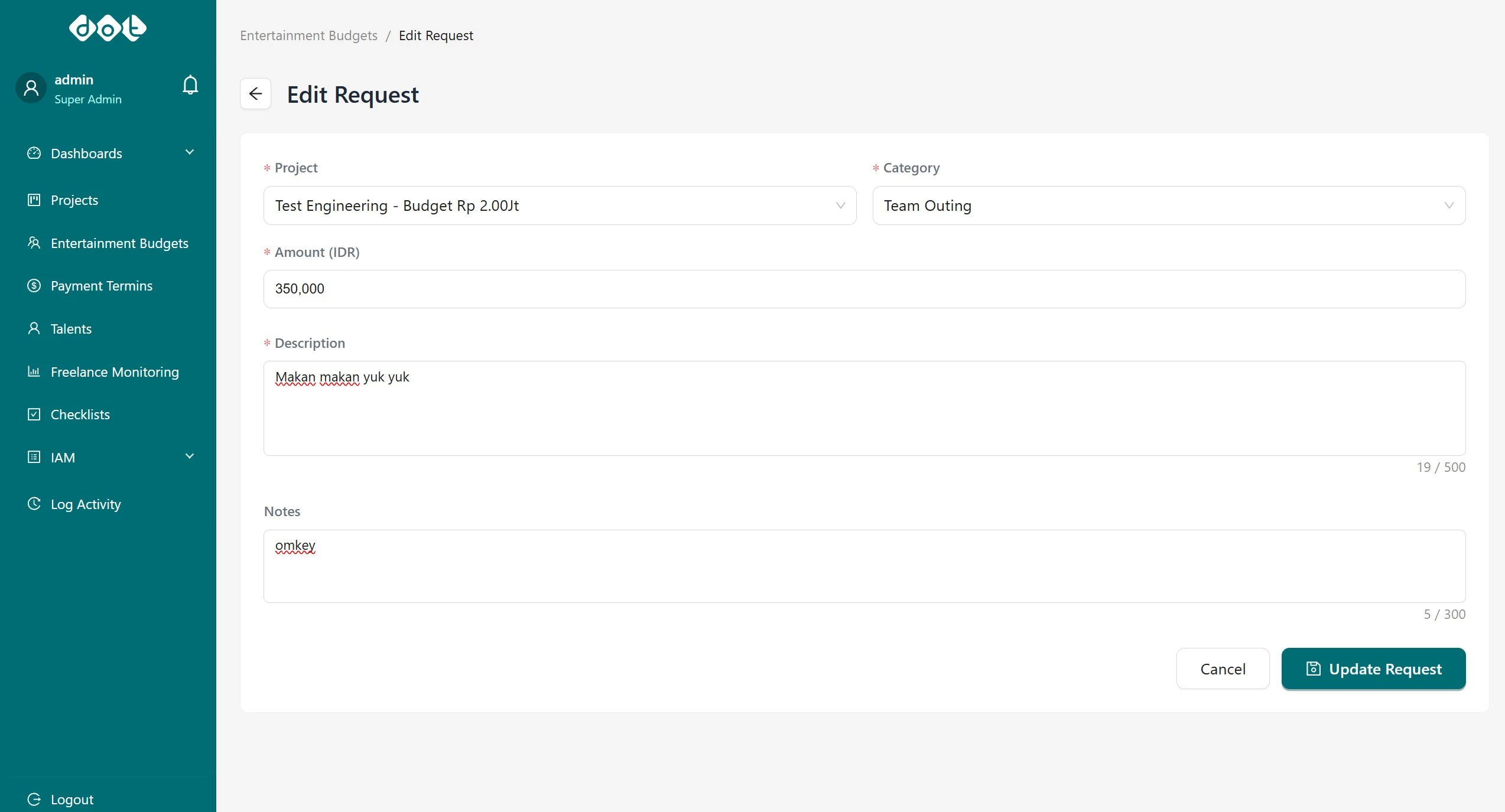 Form to update entertainment budget allocations across departments.